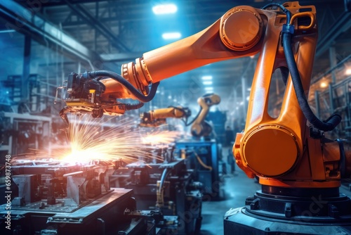 Modern industrial factory with robotic weapons and equipment, using advanced automation and artificial intelligence in the production of cars.