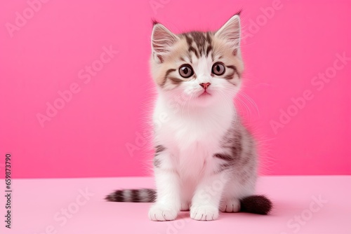 A charming young kitten with beautiful fur and a cute face in a studio setting on a pink background.