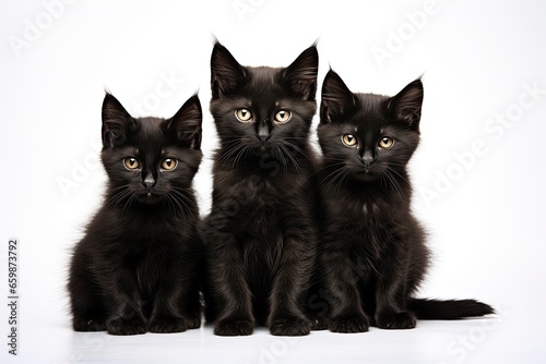 Three black adorable kittens are sitting on a white background.