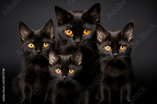 Beautiful black cats with yellow eyes and fluffy fur sit on a black background. © Iryna