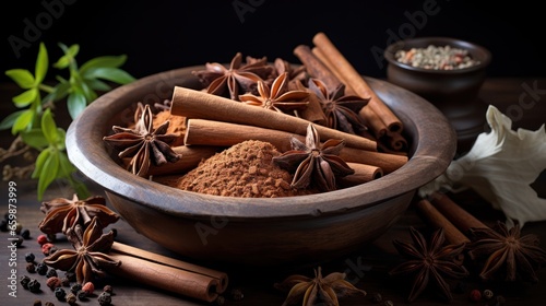 Cinnamon and anise elegantly presented in a wooden bowl