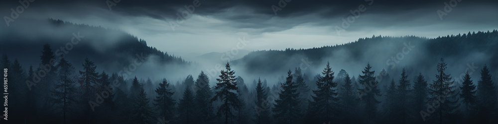 a long narrow panorama of a coniferous northern forest in the fog of an autumn day, a landscape of wildlife - obrazy, fototapety, plakaty 