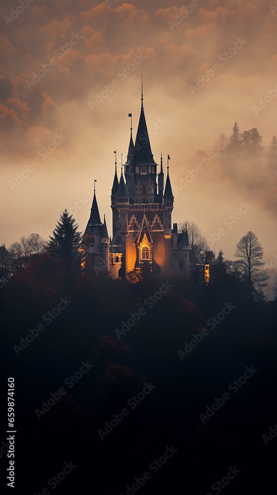 vertical frame, view of the ancient European medieval castle of the princess from the fairy tale in the mountains in the forest and fog landscape vertical frame, view of the ancient European medieval castle of the princess from the fairy tale in the mountains in the forest and fog landscape