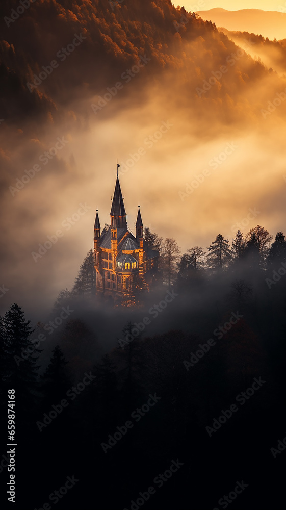 Fototapeta premium vertical frame, view of the ancient European medieval castle of the princess from the fairy tale in the mountains in the forest and fog landscape