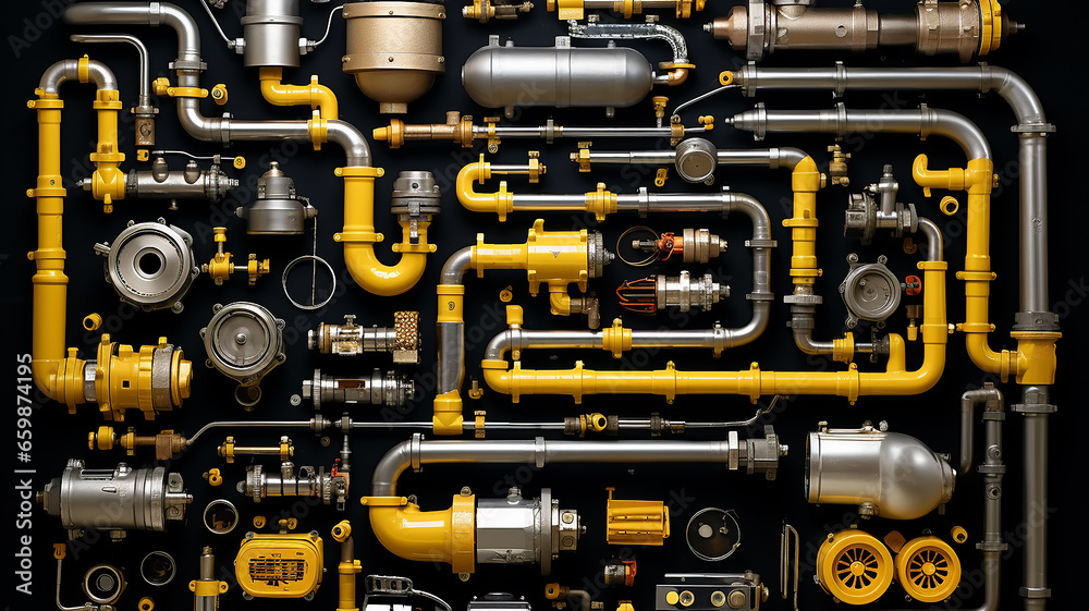 isolated on a white background is a wall with pipes, a water supply system, a complex supply system, a gas pipeline, a fuel pipeline, valves and switches - obrazy, fototapety, plakaty 