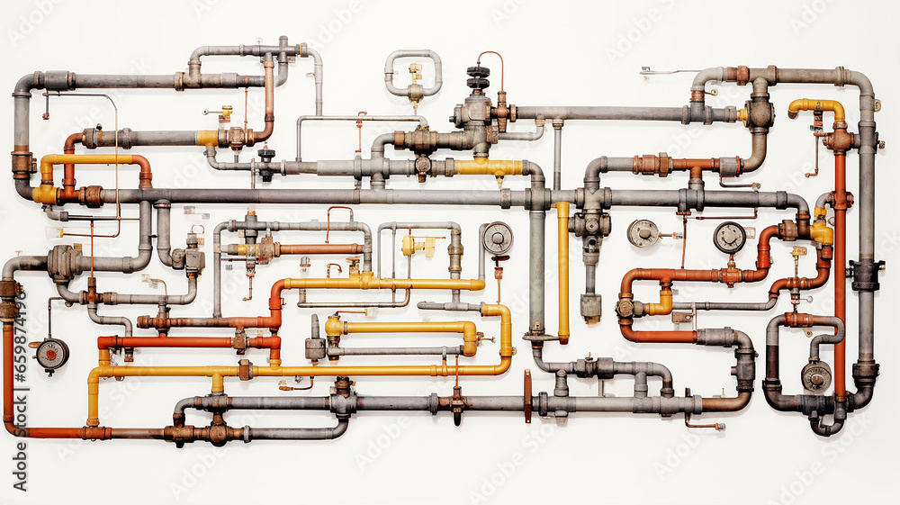 isolated on a white background is a wall with pipes, a water supply system, a complex supply system, a gas pipeline, a fuel pipeline, valves and switches isolated on a white background is a wall with pipes, a water supply system, a complex supply system, a gas pipeline, a fuel pipeline, valves and switches