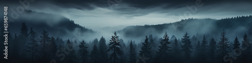 a long narrow panorama of a coniferous northern forest in the fog of an autumn day, a landscape of wildlife © kichigin19