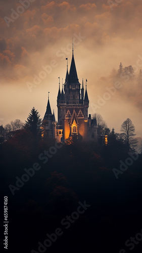 vertical frame, view of the ancient European medieval castle of the princess from the fairy tale in the mountains in the forest and fog landscape © kichigin19