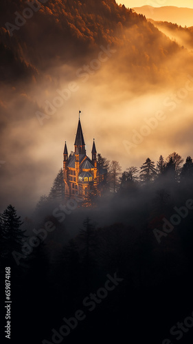 vertical frame, view of the ancient European medieval castle of the princess from the fairy tale in the mountains in the forest and fog landscape © kichigin19
