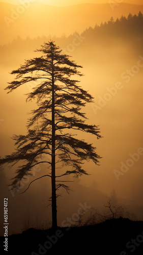 a lonely pine tree in the sunset mist in the mountains  an autumn calm landscape of wildlife  a vertical panorama of the forest