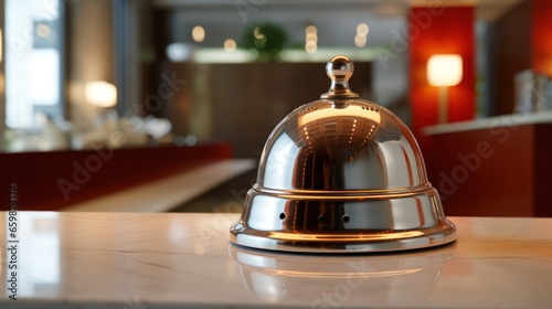 gleaming service bell sits ready on a hotel counter, signaling prompt service and hospitality