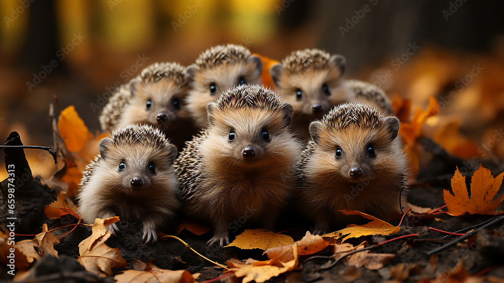 family group of hedgehogs posing in the autumn forest, community collective wildlife leaf fall in October family group of hedgehogs posing in the autumn forest, community collective wildlife leaf fall in October