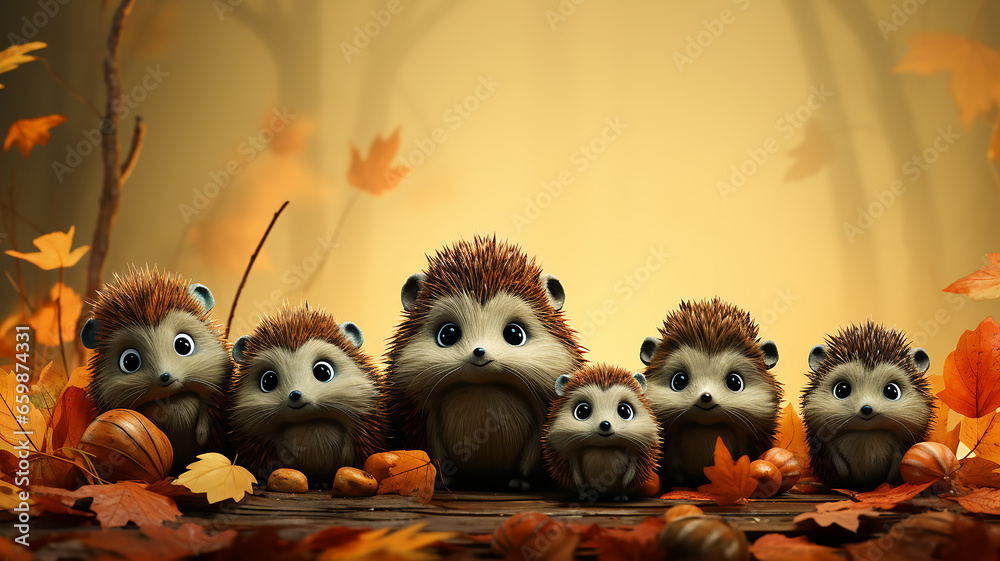 a group of cartoon hedgehogs family runs through the autumn forest a dynamic scene of leaf fall