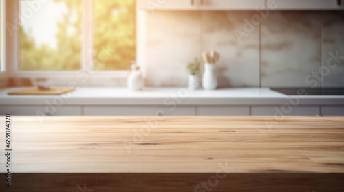smooth wood table surface set against a softly blurred kitchen background © vectorizer88
