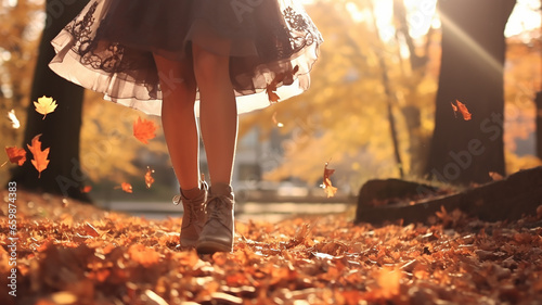 the girl kicks the leaves. the legs of a young woman in a light dress, on the autumn background of leaf fall, fall in the October park