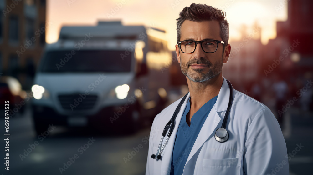 Image of a Emergency doctor with ambulance behind driving through the city. Blur bokeh. Image of a Emergency doctor with ambulance behind driving through the city. Blur bokeh.