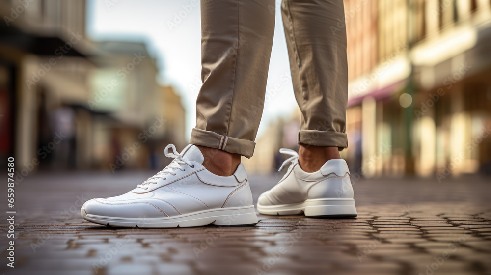 trendy man showcases his pristine white shoes, taking confident steps on the city pavement