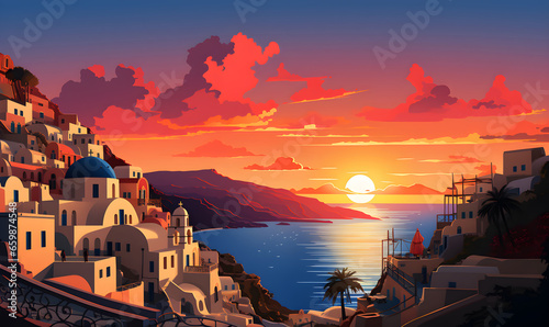 Illustration of Santorini island of Greece, presentation picture, colorful illustration, travel postcard, tourism promotion concept, Generative AI