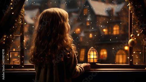 A little girl waiting for Santa Claus, She looked out the window, the pine trees, the Christmas balls, at the night.