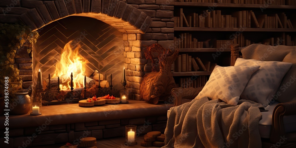 AI Generated. AI Generative. Vintage retro classic fireplace at rural countryside nook with armchair and many bookd around. Cozy chilling warm relaxing vibe