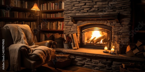 AI Generated. AI Generative. Vintage retro classic fireplace at rural countryside nook with armchair and many bookd around. Graphic Art