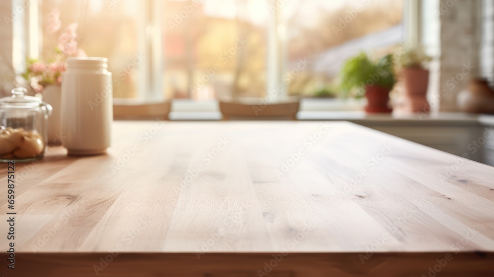 smooth wood table surface set against a softly blurred kitchen background smooth wood table surface set against a softly blurred kitchen background