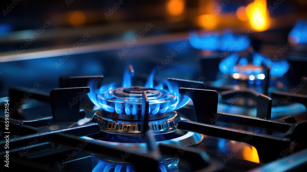 Vivid blue gas flames burning bright, with focus on the stove's front burners Vivid blue gas flames burning bright, with focus on the stove's front burners