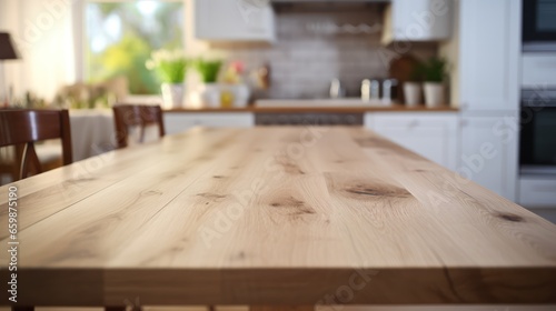 smooth wood table surface set against a softly blurred kitchen background