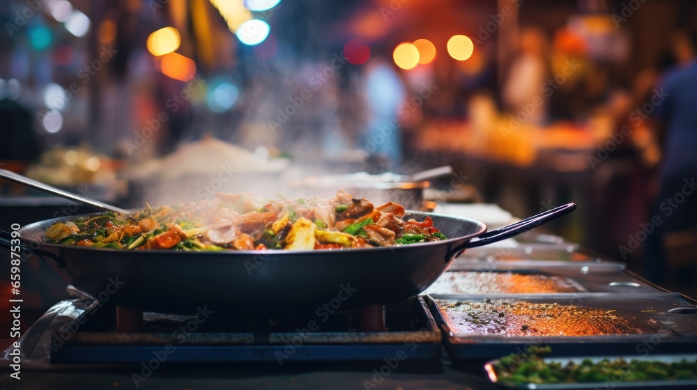 A freshly prepared street food dish, with steam rising, presented in a minimalist style against the market's commotion. - obrazy, fototapety, plakaty 