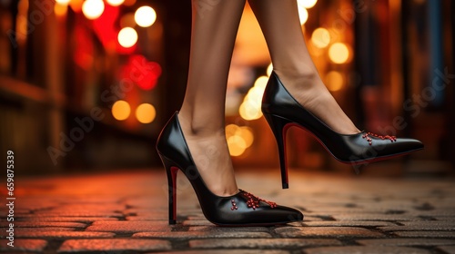 woman striking contrast of black leather and red heels