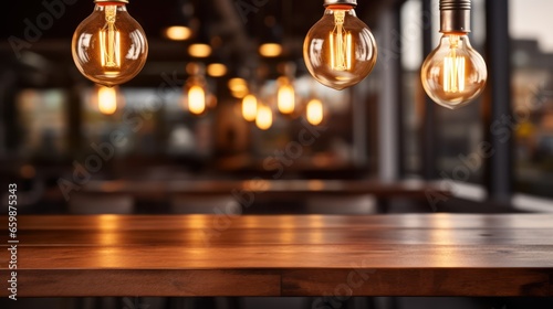 polished wooden table reflecting the soft glow of overhead bulbs  with a blurred cafe counter in the backdrop