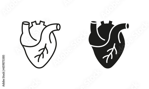 Healthy Cardiovascular Organ Symbol Collection on White Background. Human Heart, Cardiac Muscle Line and Silhouette Icon Set. Medical Cardiology Pictogram. Isolated Vector Illustration