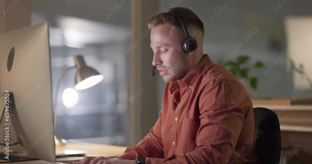 Man, call center and talking in night, computer and typing for question, advice or email for customer service. Telemarketing agent, tech support and reading with pc, headphones and mic for crm job