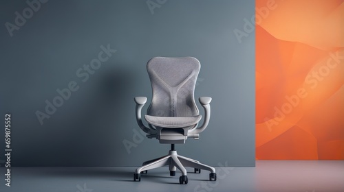 An ergonomic chair set against a minimalistic backdrop.
