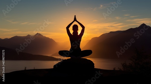 A peaceful scene portrays a woman's silhouette as she gracefully practices yoga at sunrise.