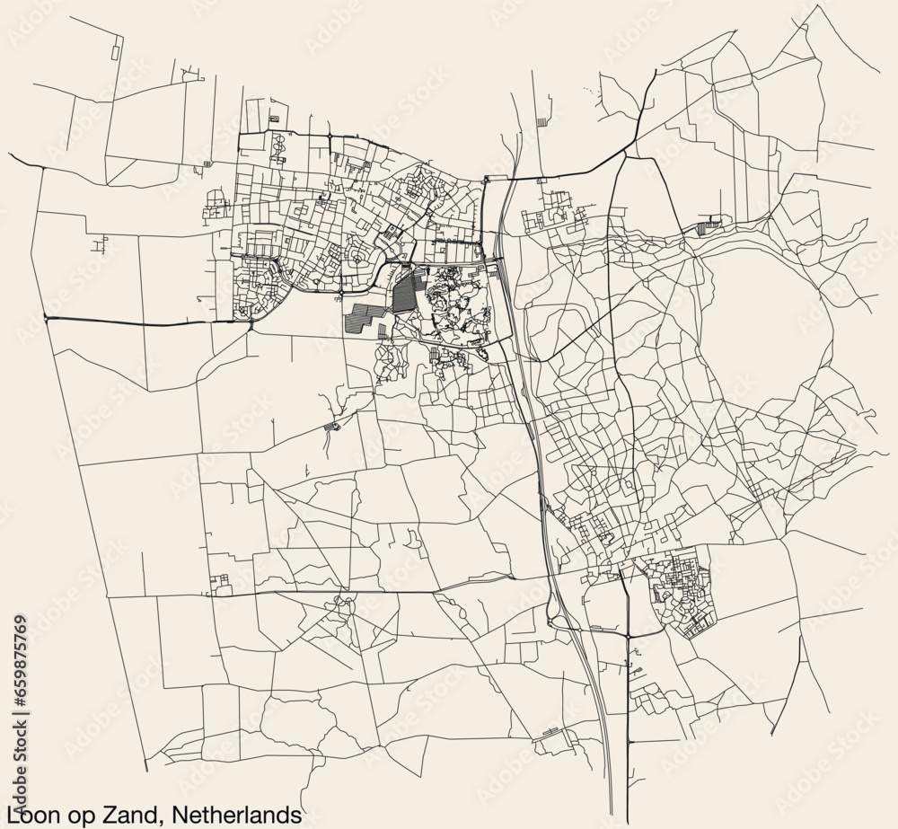 Detailed hand-drawn navigational urban street roads map of the Dutch city of LOON OP ZAND, NETHERLANDS with solid road lines and name tag on vintage background