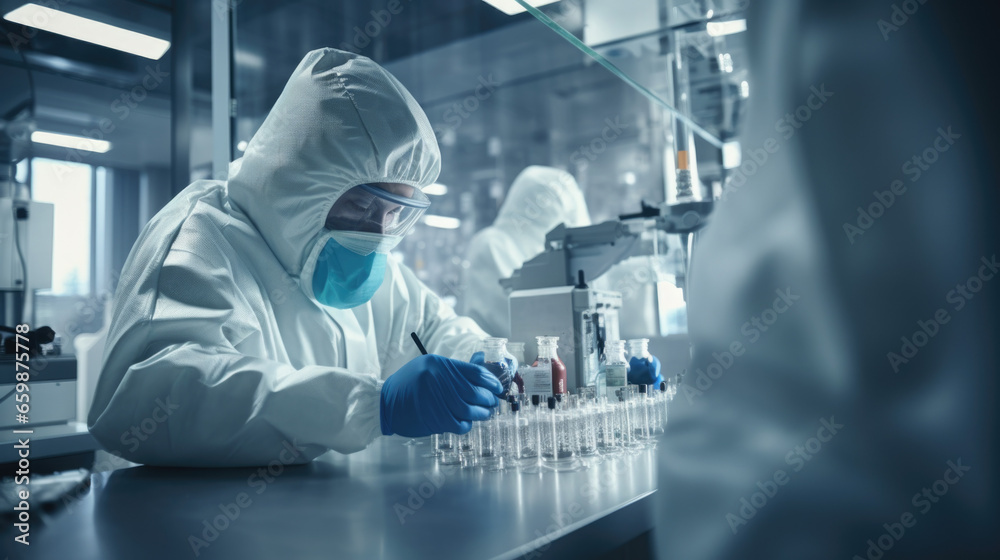 Scientists in Hazmat Sterile Suits Walking Through Technologically Advanced Factory/ Laboratory. Clean High-Tech Environment with CNC Machinery. Scientists in Hazmat Sterile Suits Walking Through Technologically Advanced Factory/ Laboratory. Clean High-Tech Environment with CNC Machinery.