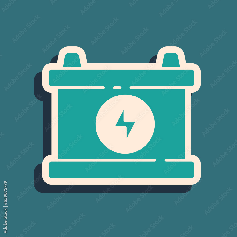 Green Car battery icon isolated on green background. Accumulator battery energy power and electricity accumulator battery. Long shadow style. Vector Green Car battery icon isolated on green background. Accumulator battery energy power and electricity accumulator battery. Long shadow style. Vector