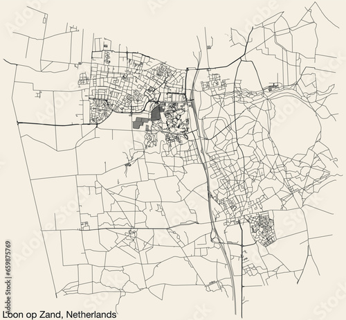 Detailed hand-drawn navigational urban street roads map of the Dutch city of LOON OP ZAND, NETHERLANDS with solid road lines and name tag on vintage background