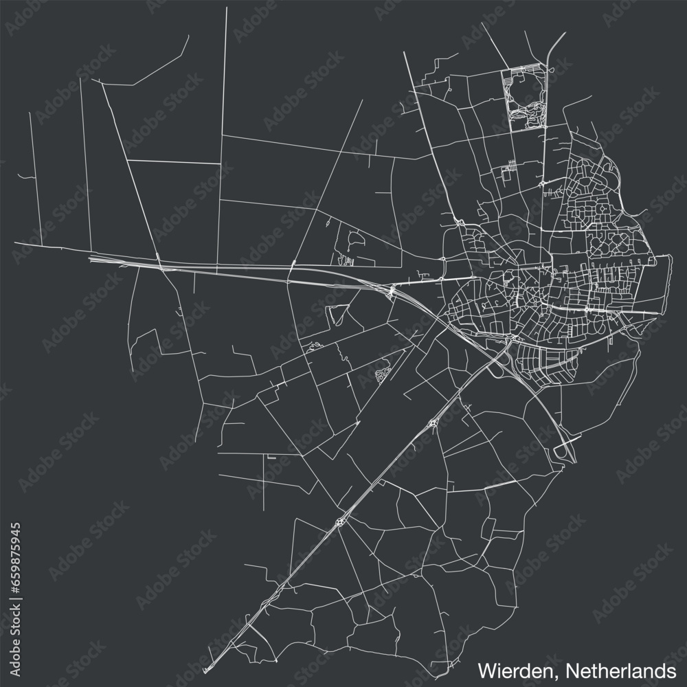 Detailed hand-drawn navigational urban street roads map of the Dutch city of WIERDEN, NETHERLANDS with solid road lines and name tag on vintage background