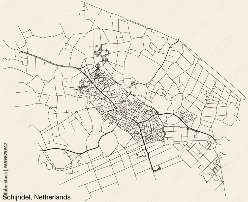 Detailed hand-drawn navigational urban street roads map of the Dutch city of SCHIJNDEL, NETHERLANDS with solid road lines and name tag on vintage background