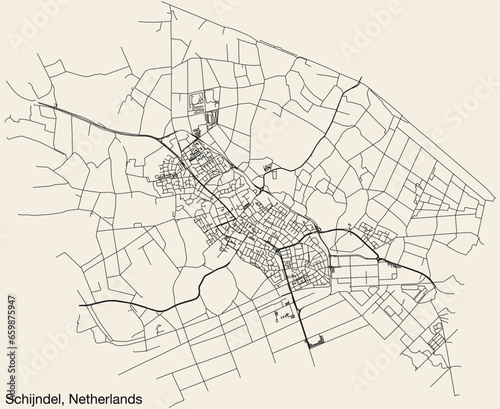 Detailed hand-drawn navigational urban street roads map of the Dutch city of SCHIJNDEL, NETHERLANDS with solid road lines and name tag on vintage background