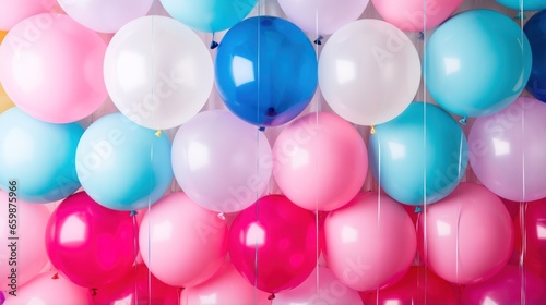 A close-up of balloons, streamers, and festive decorations arranged for a party.