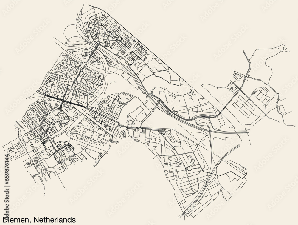 Detailed hand-drawn navigational urban street roads map of the Dutch city of DIEMEN, NETHERLANDS with solid road lines and name tag on vintage background