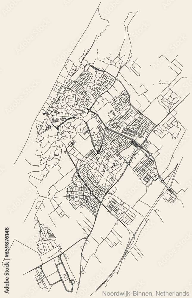 Detailed hand-drawn navigational urban street roads map of the Dutch city of NOORDWIJK-BINNEN, NETHERLANDS with solid road lines and name tag on vintage background