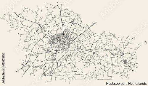 Detailed hand-drawn navigational urban street roads map of the Dutch city of HAAKSBERGEN, NETHERLANDS with solid road lines and name tag on vintage background