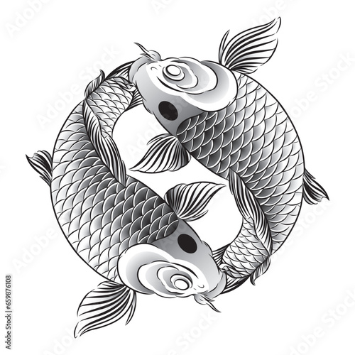 Two Koi carps vector line art illustrations, Japanese Koi fish sketch line drawing isolated, logotype, Korean animals. Minimal art drawing, tattoo, print, emblem, logo design, label