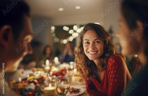 At Christmas time, the family gathers around the table to share a festive meal. A beautiful young woman smiles at the camera. Generative ai