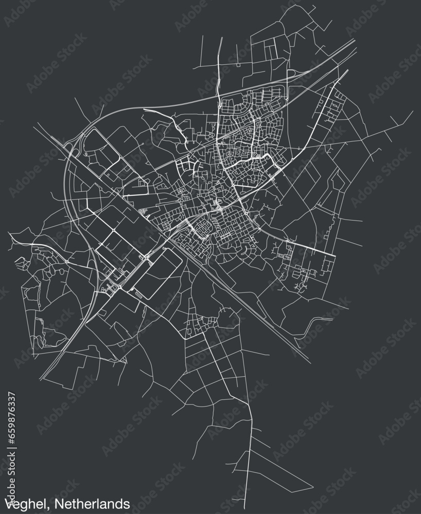 Detailed hand-drawn navigational urban street roads map of the Dutch city of VEGHEL, NETHERLANDS with solid road lines and name tag on vintage background