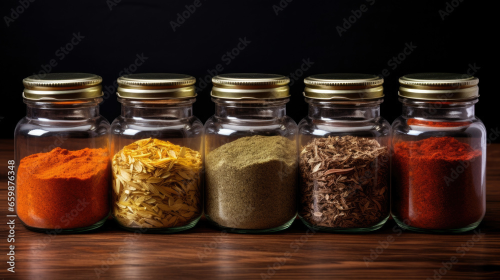 Spices seeds and seasonings in matching spice jars, simple vegan ingredients and concept of flavoring your dishes